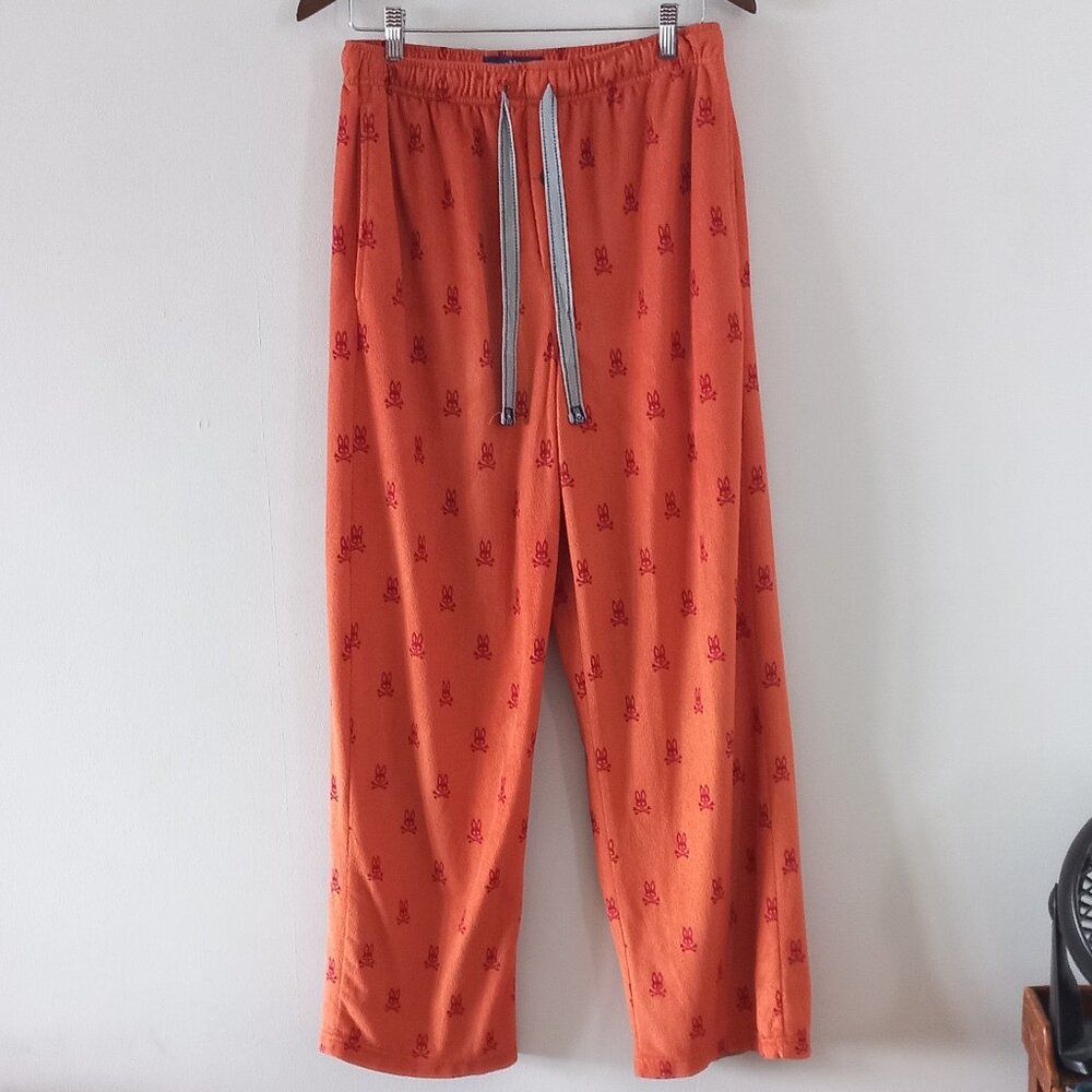 PSYCHO BUNNY orange logo pattern fleece pyjama pants